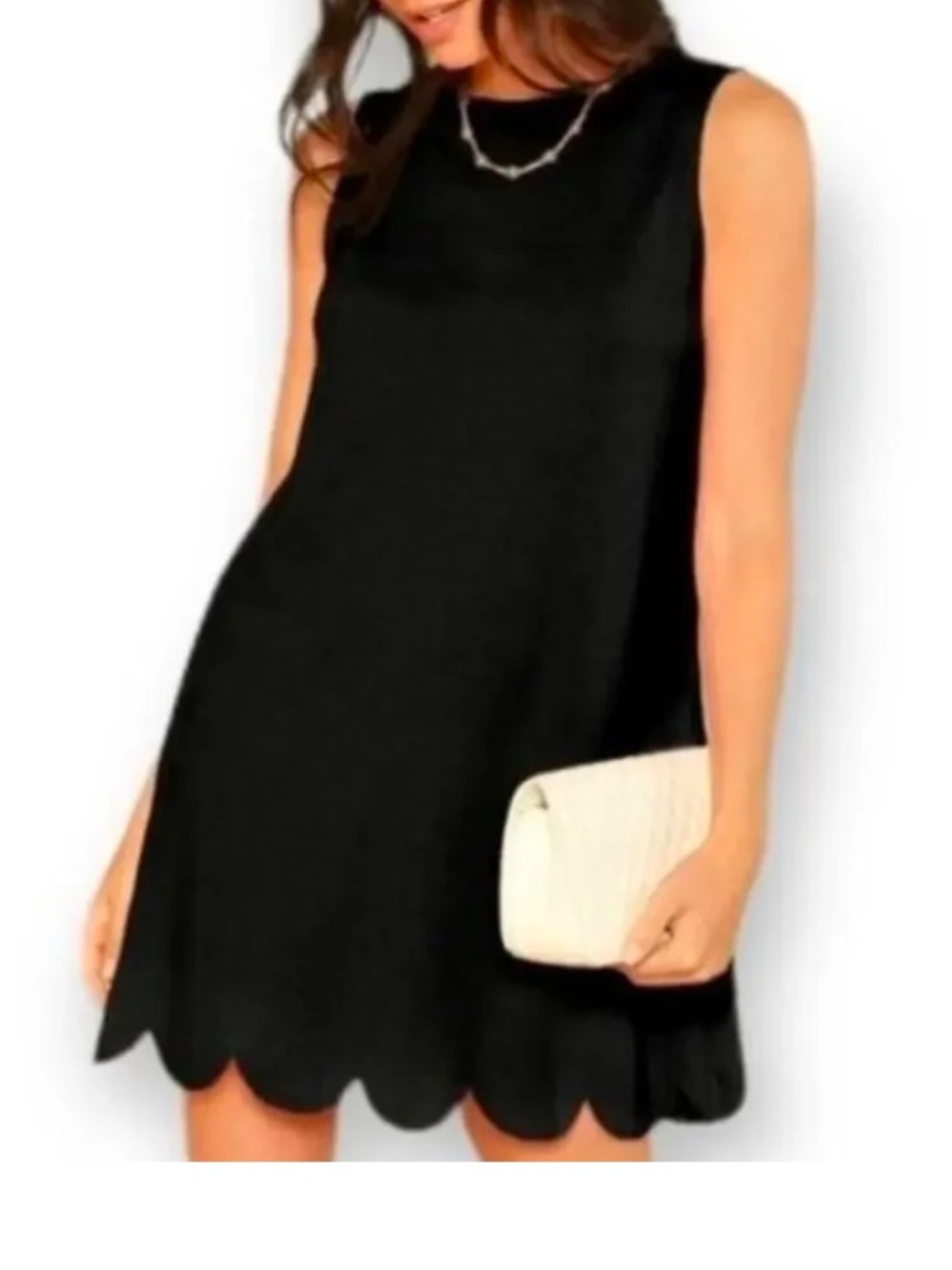 Black sleeveless mini dress scalloped hem